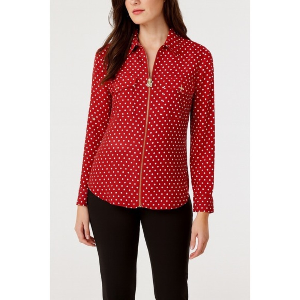 Michael Kors Red Polka Dot Zip Front Roll Tab Sleeve Blouse XL Rockabilly 54-12